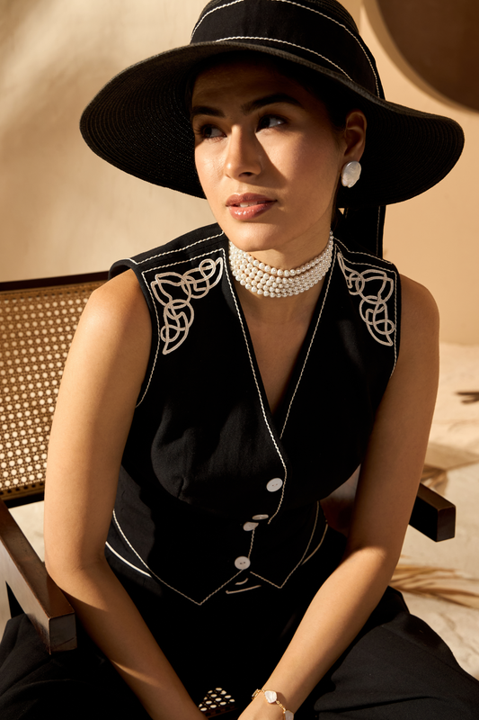 EVIDANA EMBROIDERED WAISTCOAT IN BLACK